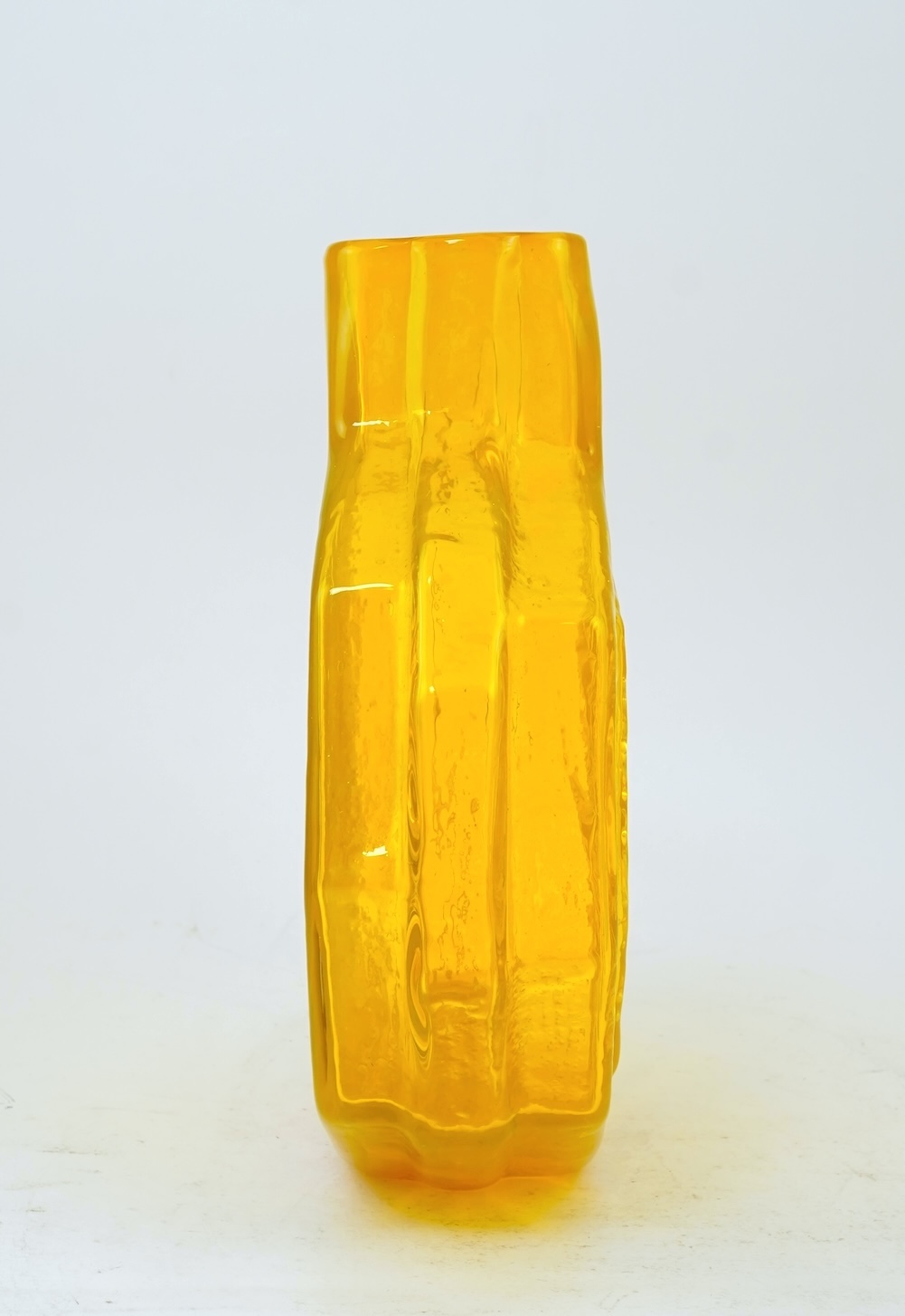 Whitefriars: A rare and possibly unique yellow Textured range 'Banjo' vase designed by Geoffrey Baxter